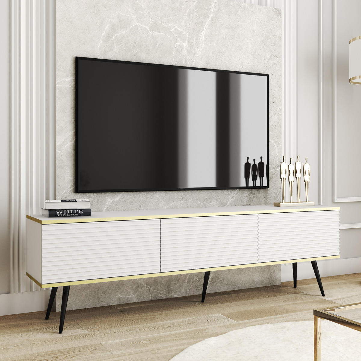 TV-BOARD FORNO (Weiß, Rillenfront, Goldene Details, 3 Klapptüren, schwarze Metallfüße, 175 cm) - Schwarz/Weiß, Holz/Holzwerkstoff (175/53/32cm) - Ravio