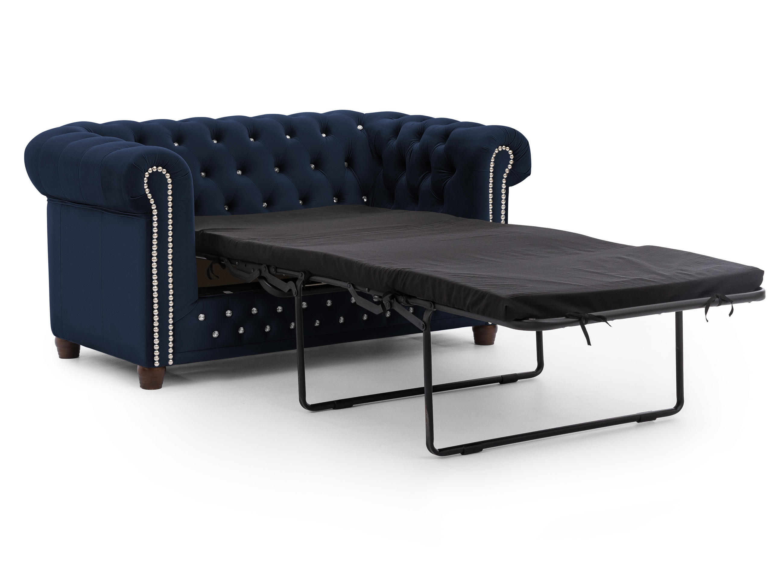 CHESTERFIELD-SOFA 2-Sitzer mit Schlaffunktion Cleo Blink Marineblau Samt mit Kristallsteppung und braunen Massivholzfüßen - Blau/Braun, Holz/Textil (148/72/86cm) - S-Style Möbel