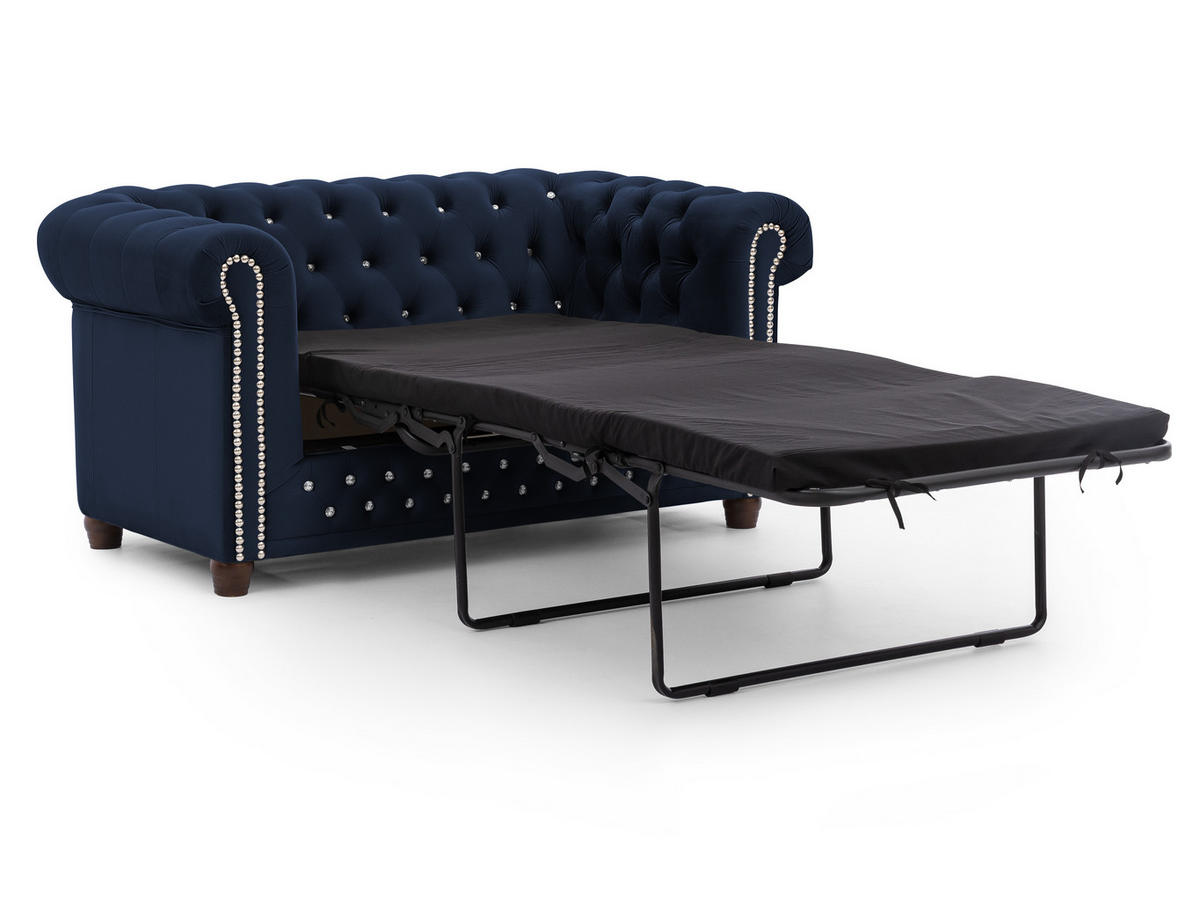 CHESTERFIELD-SOFA 2-Sitzer mit Schlaffunktion Cleo Blink Marineblau Samt mit Kristallsteppung und braunen Massivholzfüßen - Blau/Braun, Holz/Textil (148/72/86cm) - S-Style Möbel