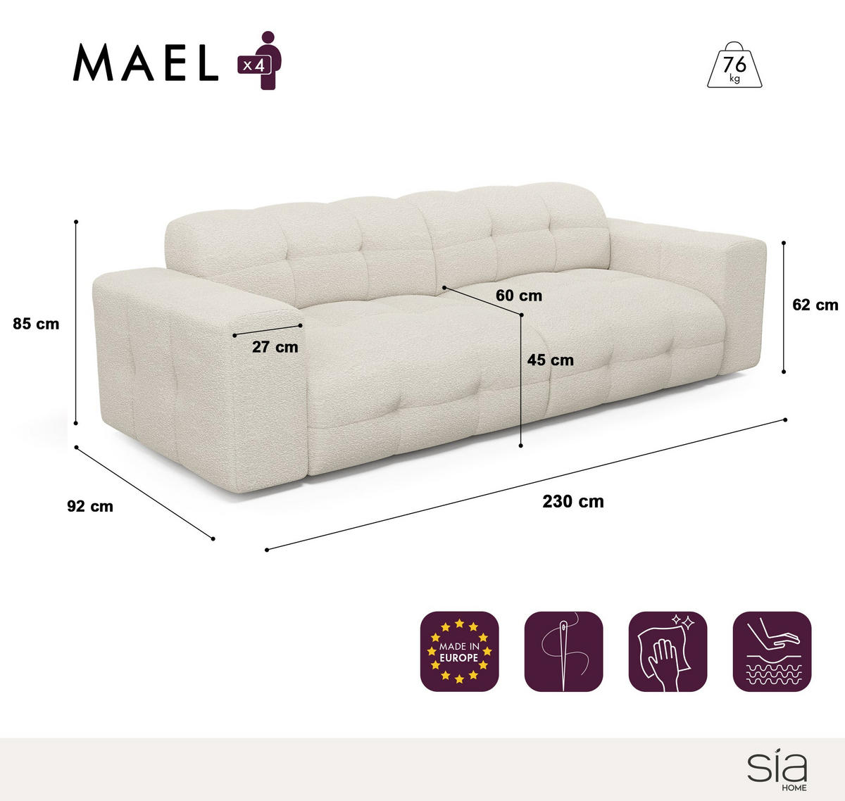 SOFA 4-SITZER Samt creme 230 cm - Creme, Textil (230/45/32cm) - Sia Home