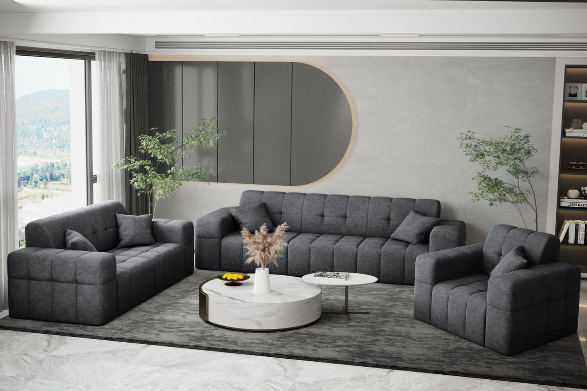 SITZGARNITUR 3+2+1 NIMES Stoff Perfect Harmony Dunkelgrau - Dunkelgrau, Holz/Textil (245/82/92cm) - Kaiser Möbel