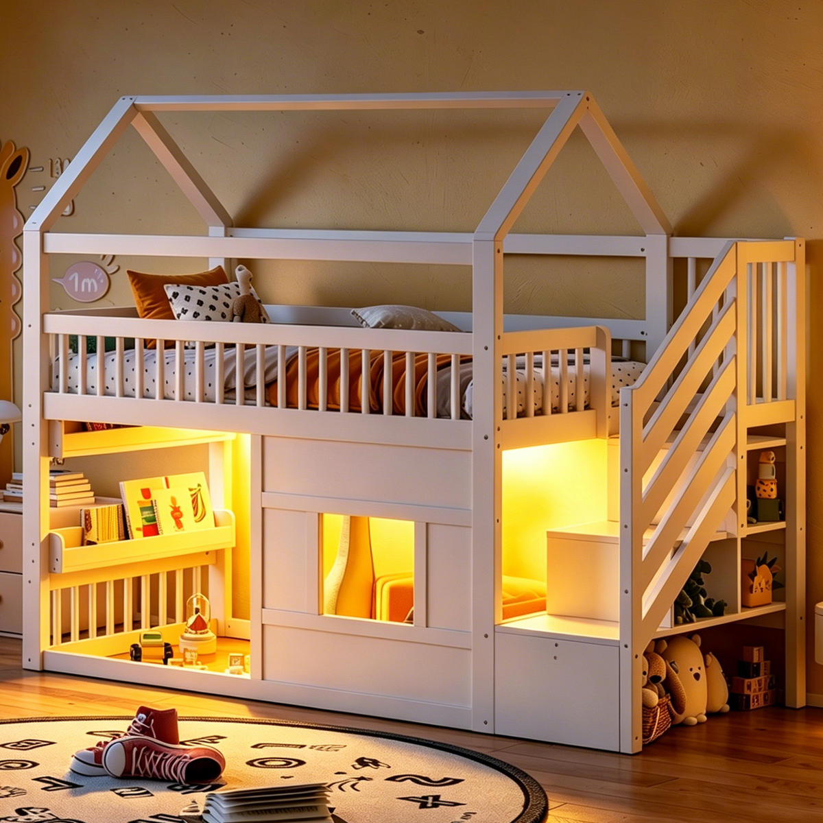 HAUSBETT 90/200 cm in Weiß mit Treppe, Ablage und LED aus Kiefernholz - Weiß, Holzwerkstoff - STILVORA