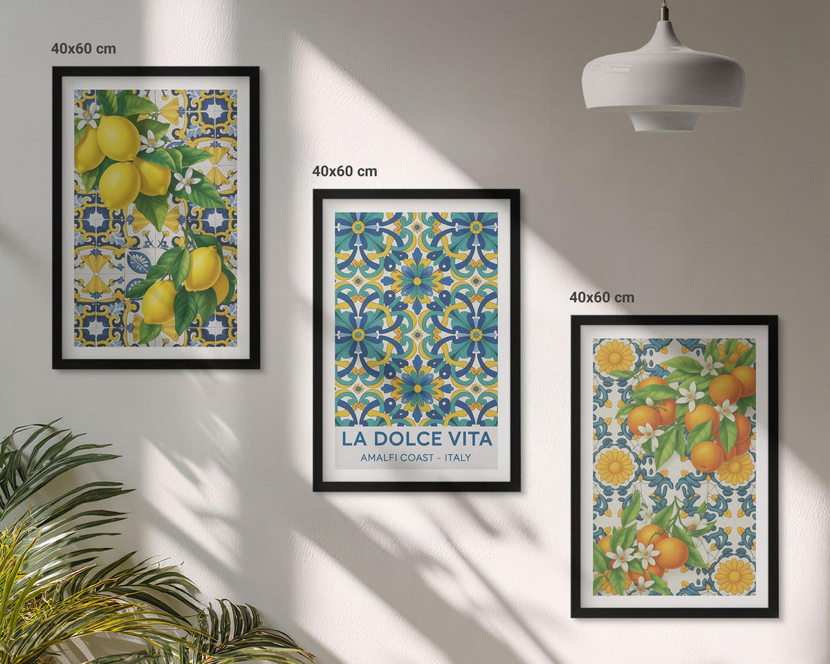 BILDER SET 3er Set - 40x60 cm Schwarzer Rahmen - Zitronen, Orangen, Blumen, Italien - Schwarz, Kunststoff (40/60cm) - TULUP