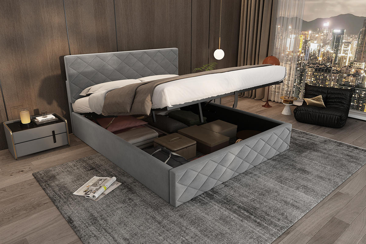 POLSTERBETT 140/200 cm grau aus Samt mit Stauraum - Grau, Textil (140/200cm) - OKMYHOME