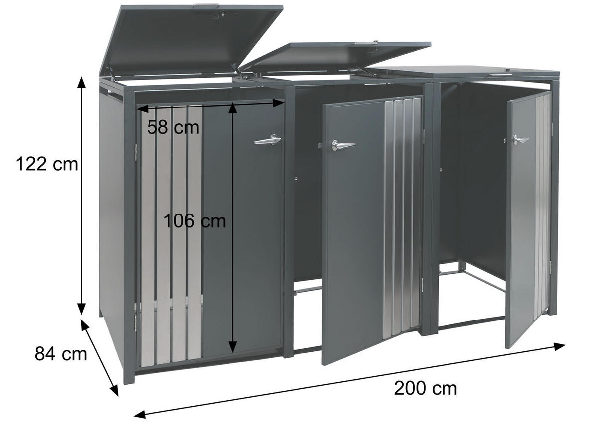 3ER-MÜLLTONNENVERKLEIDUNG Anthrazit, Dunkelbraun - Anthrazit/Dunkelbraun, Metall (200/122/84cm) - Jamb