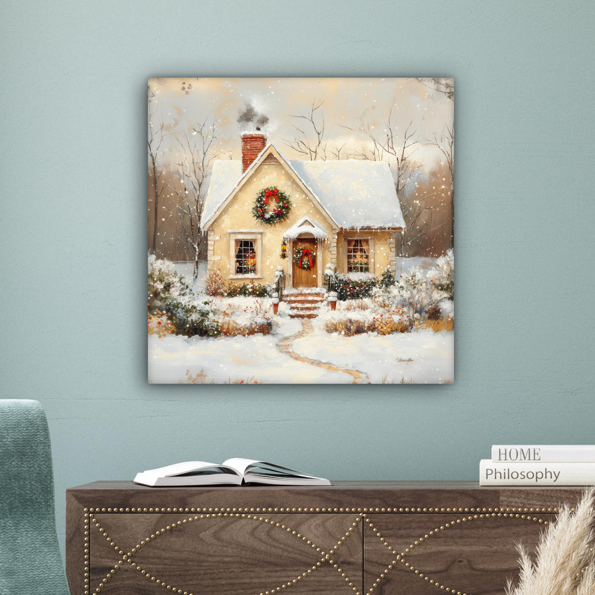 LEINWANDBILD Weihnachten - Zuhause - Winter - Schnee 50x50 cm - Creme, Textil (50/50cm) - MuchoWow