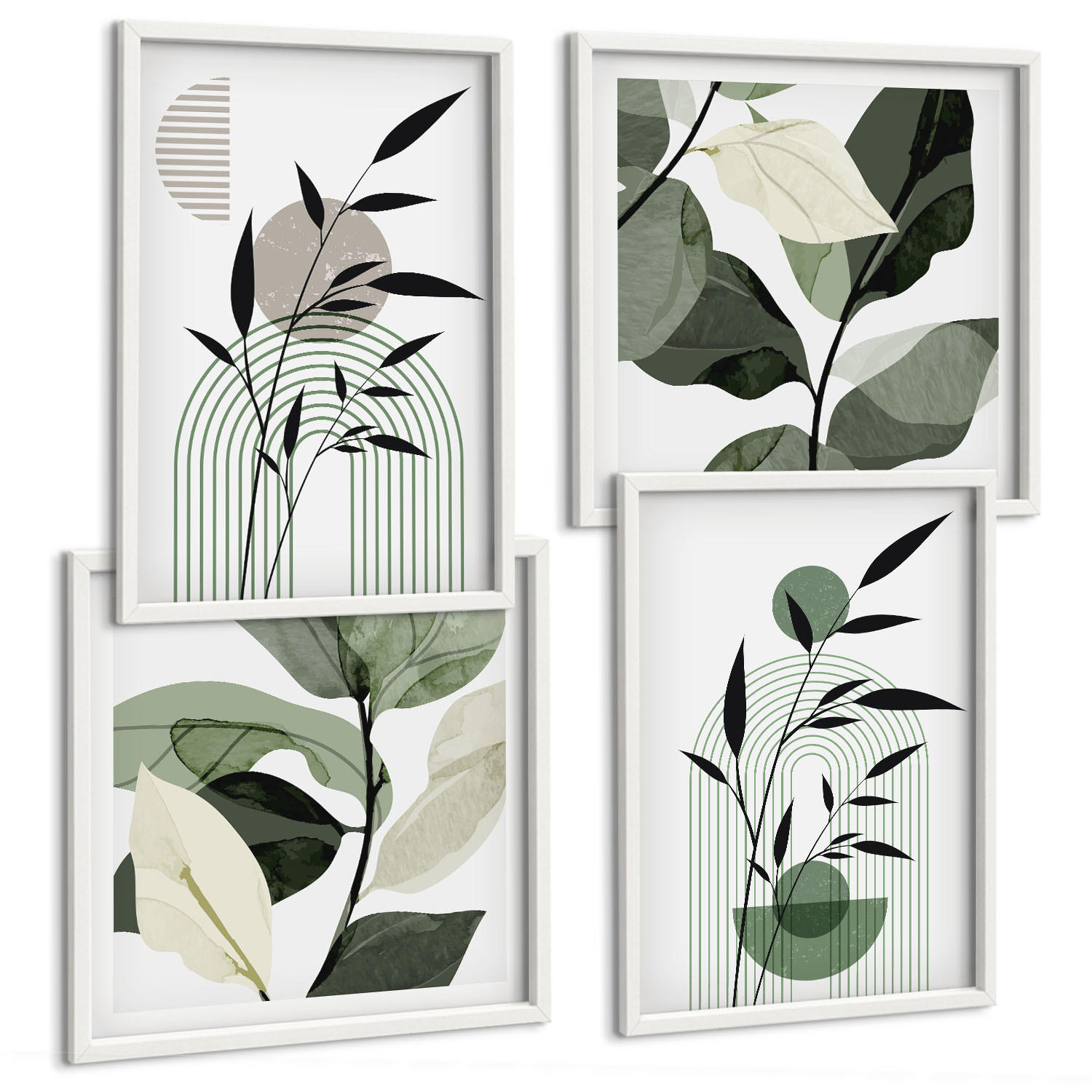 BILDER SET 4er Set - 50x50 cm & 40x60 cm Weißer Rahmen - Boho-Pflanzenkompositionen - Weiß, Kunststoff (50/50cm) - TULUP
