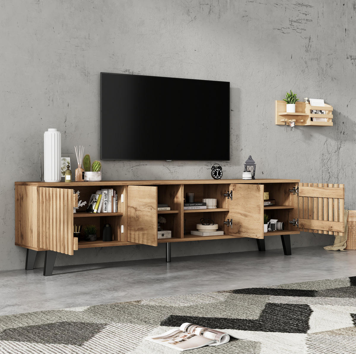 LOWBOARD TV-Schrank- und Sideboard-Set 180/40/55 und 150/40/95 cm aus Holzwerkstoff mit 14 Fächern Naturfarben - Hellbraun, Holzwerkstoff (180/55/40cm) - Modenvie