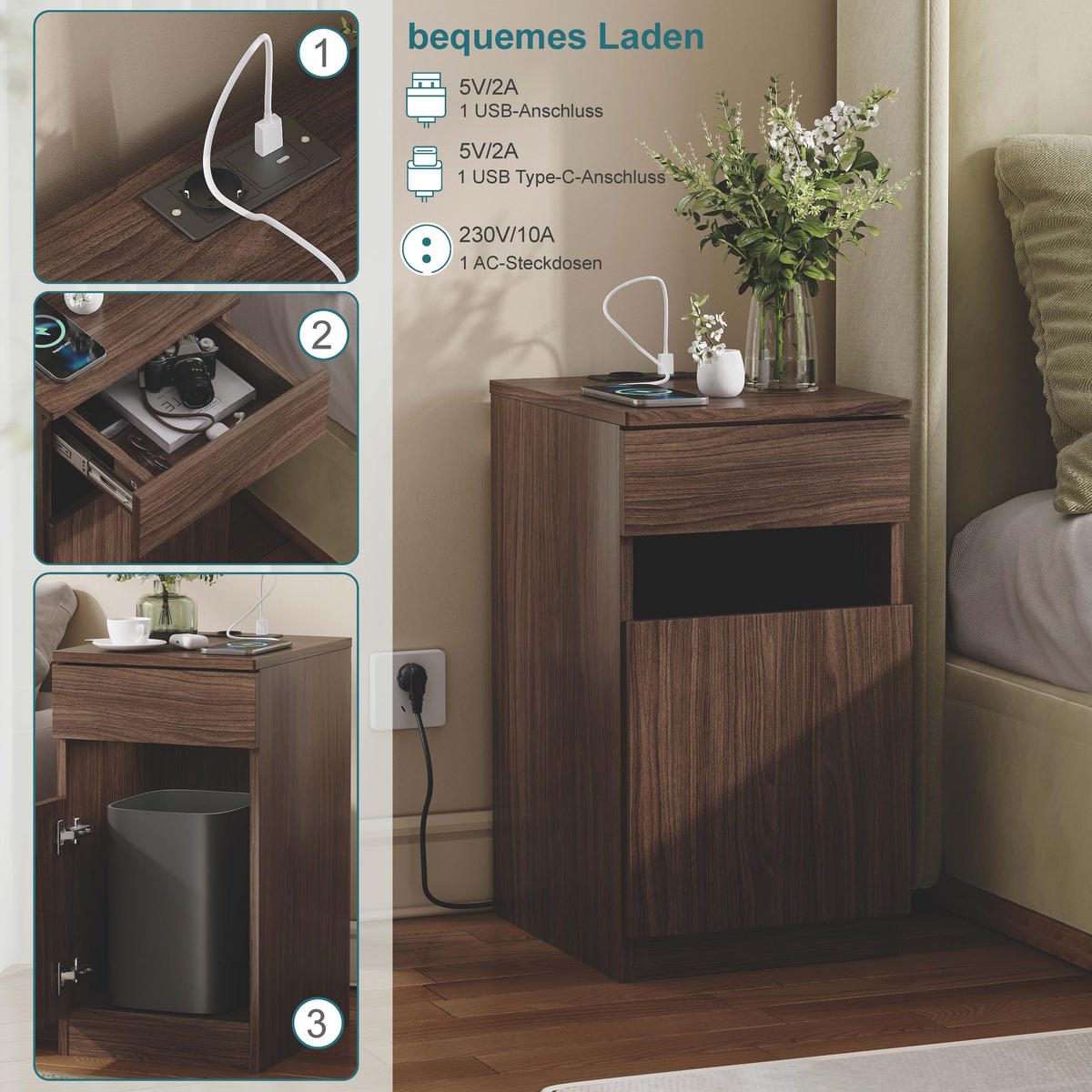 NACHTTISCH Nussbaumfarben 33/40/62 cm - Braun, Holz (33/61.5/40cm) - PANGIVO