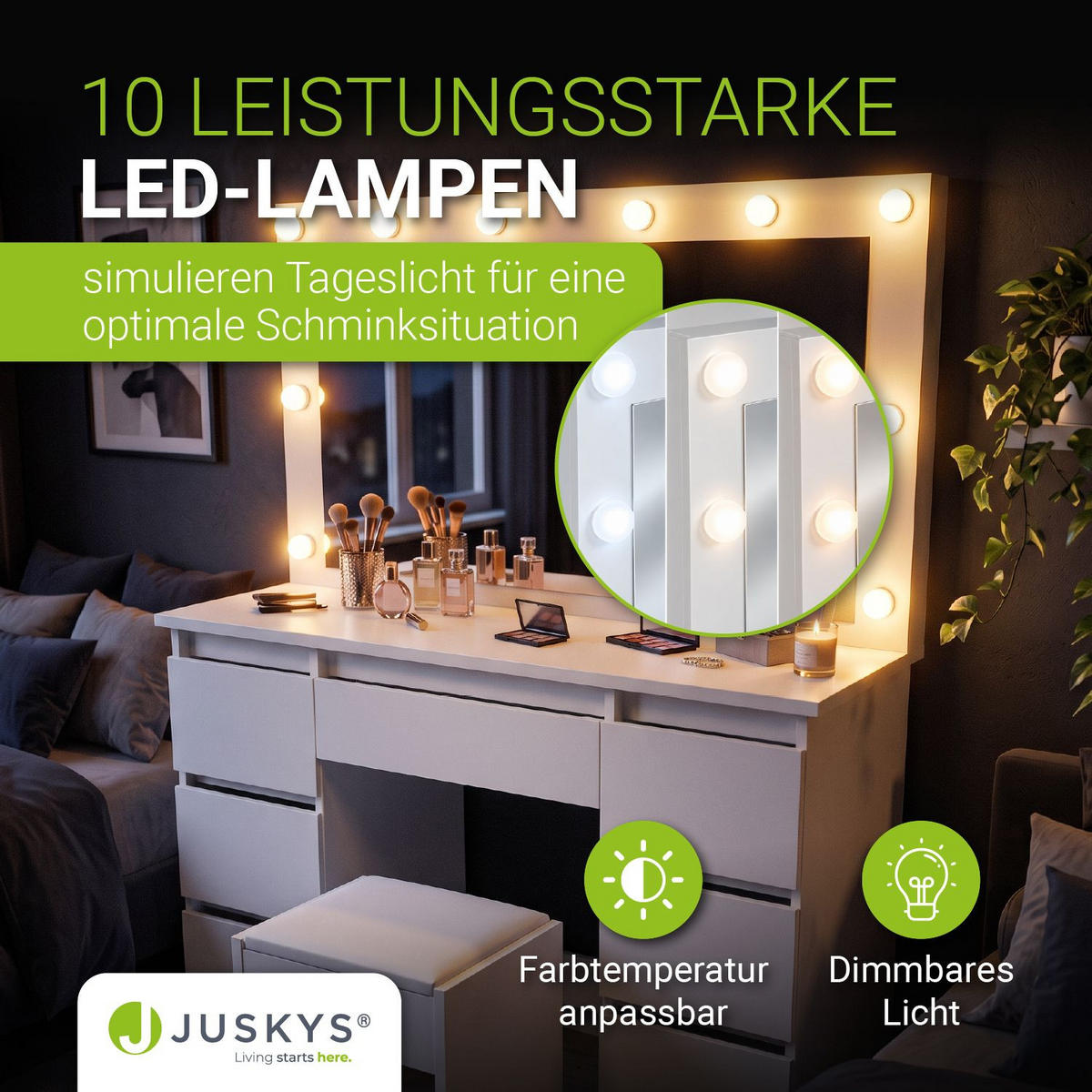 SCHMINKTISCH Lilia weiß mit LED-Beleuchtung und Hocker Melly - Weiß, Holz (108/140/41cm) - Juskys