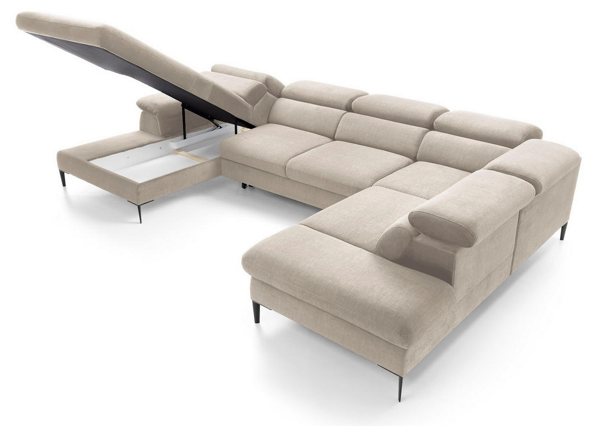 ECKSOFA U-Form 350 cm Amaro M mit Schlaffunktion, Links, Creme - Creme, Holz (214/353cm) - Emporius