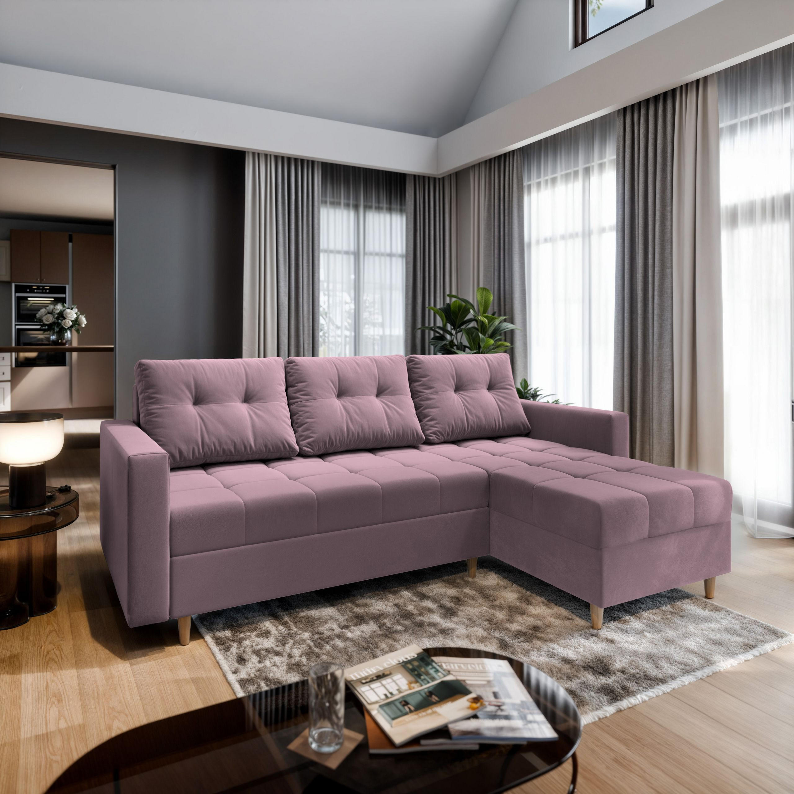 ECKSOFA MILO L Rosa Plüsch-Stoff mit Schlaffunktion - Rosa, Holz (220/140cm) - MASSENO