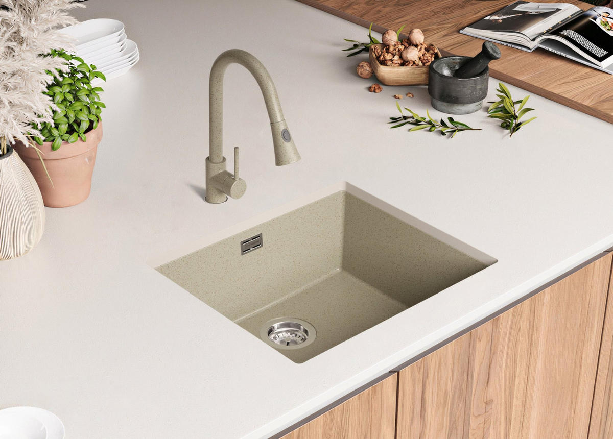 UNTERBAUSPÜLE GRANIT London, 2-er set Beige 56/47 cm 1 Becken + Ablauf-Set ab 60er Unterschrank - Chromfarben/Beige, Kunststoff (56/20/47cm) - Primagran