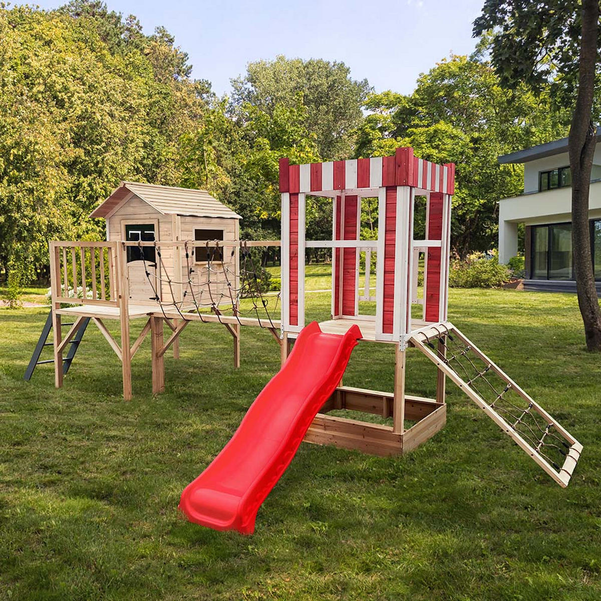 SPIELPARK WUNDERLAND - Farbe: Natur, Ausführung: inkl. Rutsche - Naturfarben, Holz (555/215/340cm) - Home Deluxe