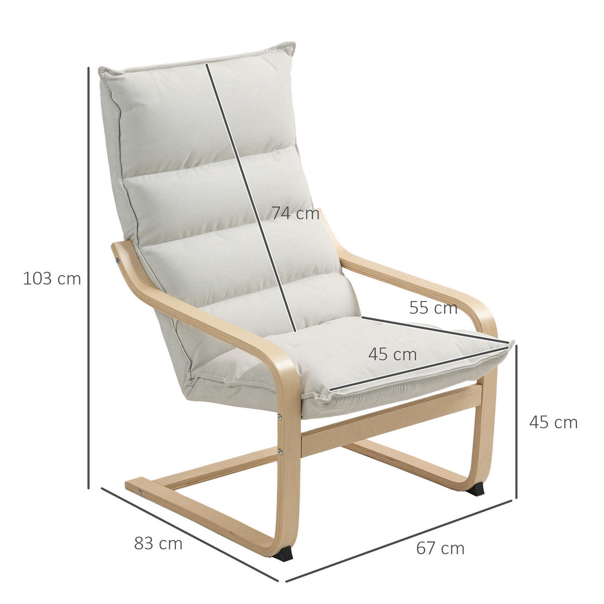 ARMLEHNSTUHL DE-13253 geschwungene Armlehnen & dickes Polster Creme - Creme, Holz (67/105/83cm) - ComfortXL