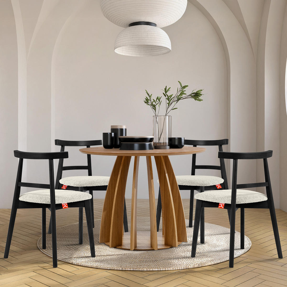 HOLZSTUHL LILIO Esstischstühle, 2-er Set, Bouclé - Schwarz/Weiß, Holz/Textil (47/76.5/45cm) - KONSIMO®