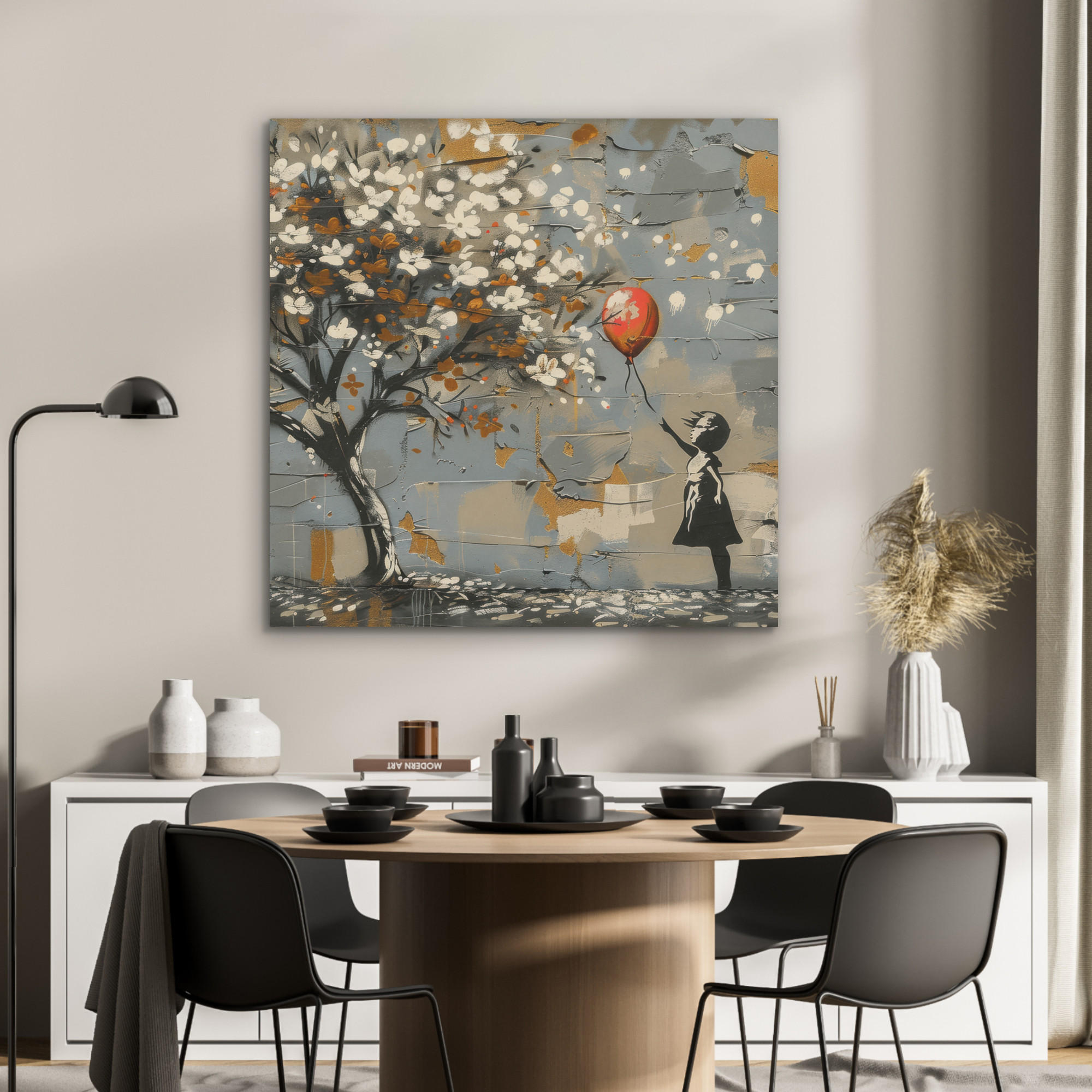 AKUSTIKPANEEL Baum - Graffiti - Banksy-Stil - Ballon-Mädchen 90x90 cm - Blaugrau, Textil (90/0.9/90cm) - MuchoWow