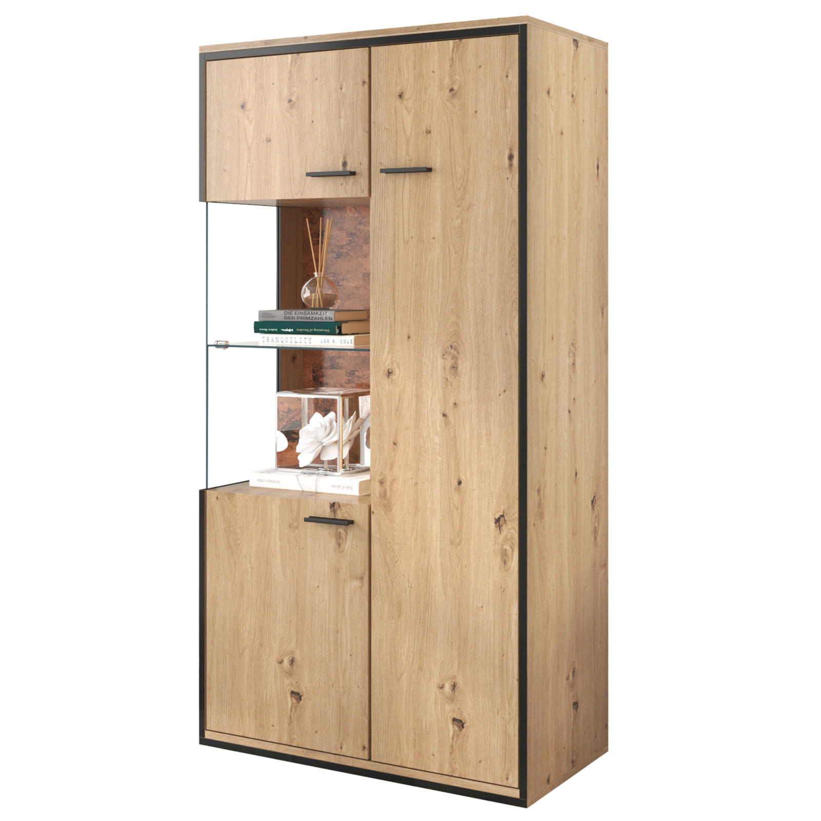 VITRINE LED 150 cm Glastür Stauraum - Naturfarben, Holz (77.5/150/40cm) - Fortuna Lai