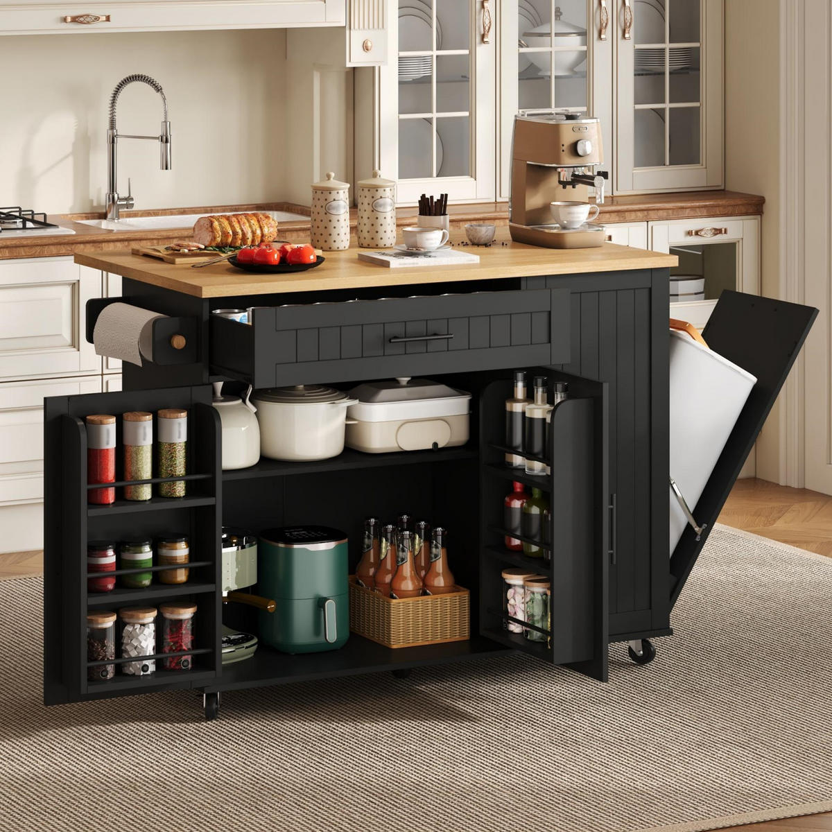 KÜCHENINSEL 130 cm MDF Schwarz mit Klappbarer Arbeitsplatte und Müllfach - Schwarz, Holzwerkstoff (70/93/130cm) - Korfee