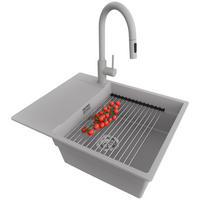 GRANITSPÜLE San Francisco, 2-er set Grau 62/50 cm 1 Becken + Küchenarmatur 40/20 cm + Ablauf-Set + Aufrollbare Abtropffläche ab 50er Unterschrank - Chromfarben/Grau, Kunststoff (62/20/50cm) - Primagran