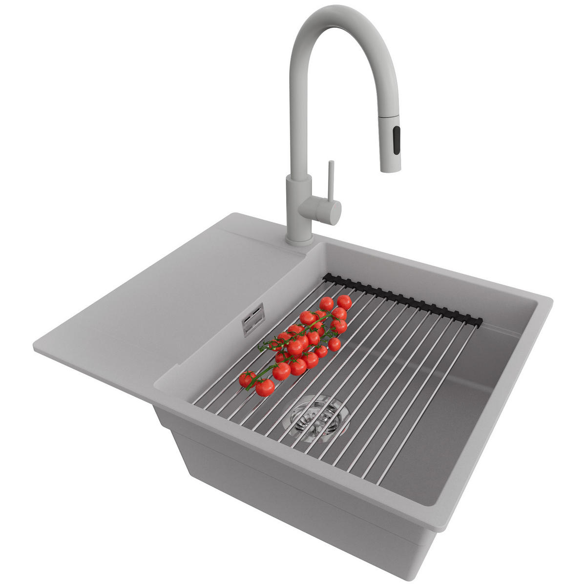 GRANITSPÜLE San Francisco, 2-er set Grau 62/50 cm 1 Becken + Küchenarmatur 40/20 cm + Ablauf-Set + Aufrollbare Abtropffläche ab 50er Unterschrank - Chromfarben/Grau, Kunststoff (62/20/50cm) - Primagran