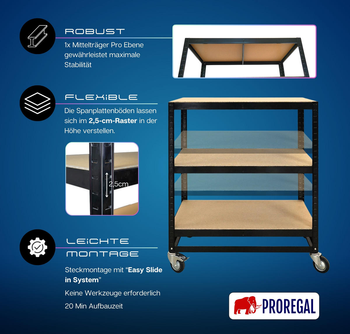 KOMMISSIONIERWAGEN 2er Set BÜFFEL 100x90x50cm 3 Ebenen Fachlast 50kg 2X Lenkrollen & 2X Lenkrollen mit Feststellbremse Schwarz - Schwarz, Metall (180/100/50cm) - PROREGAL