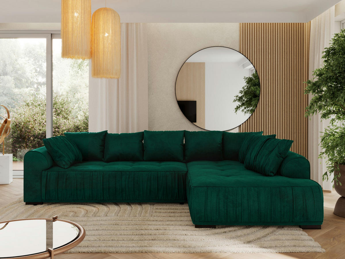 ECKSOFA ORTA Dunkelgrün Velvet - Rechts - Dunkelgrün/Schwarz, Textil (200/325cm) - MKS
