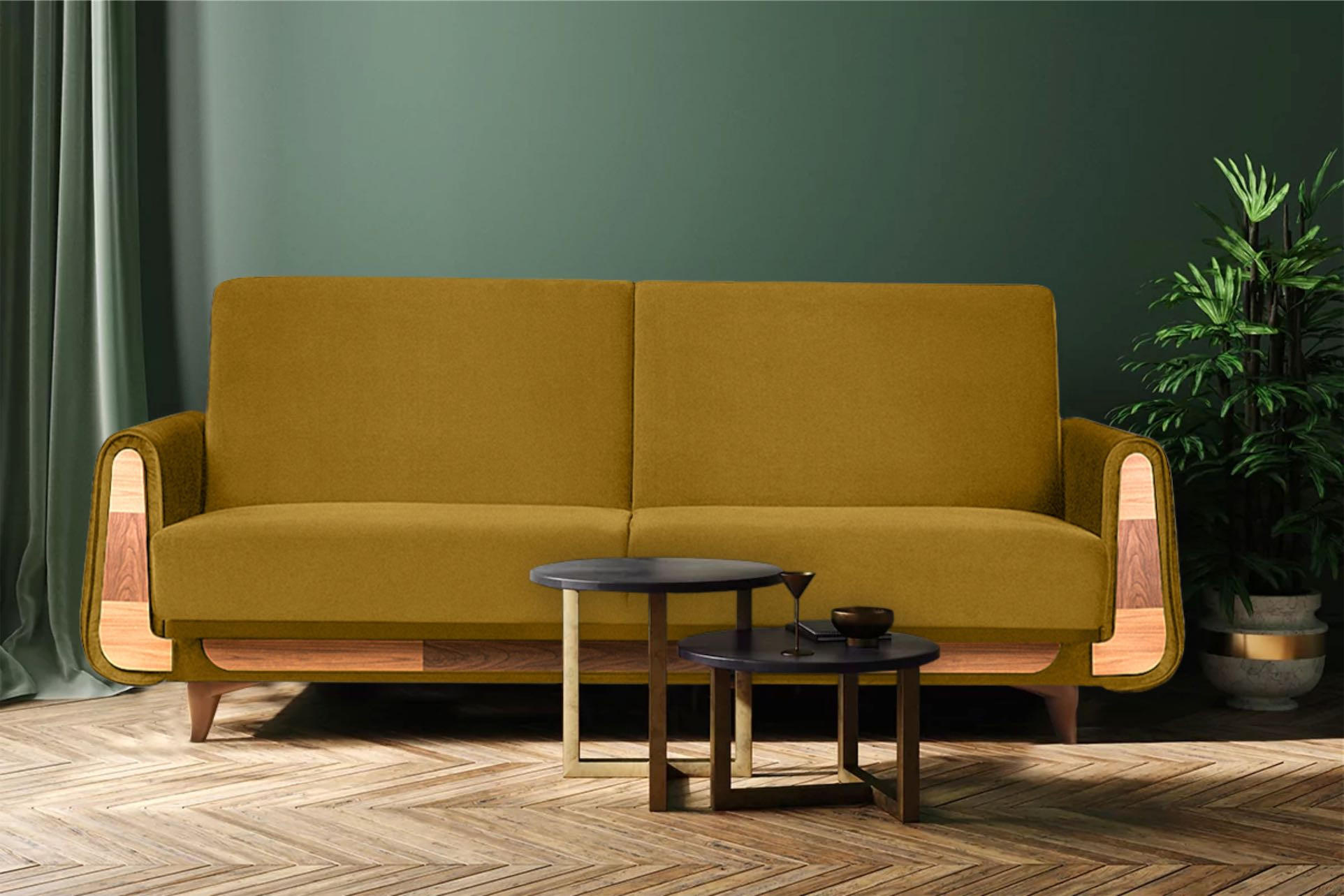 3-SITZER-SCHLAFSOFA GUSTAVO mit Armlehnen, Gelb - Gelb/Braun, Holz/Holzwerkstoff (230/98/98cm) - KONSIMO®