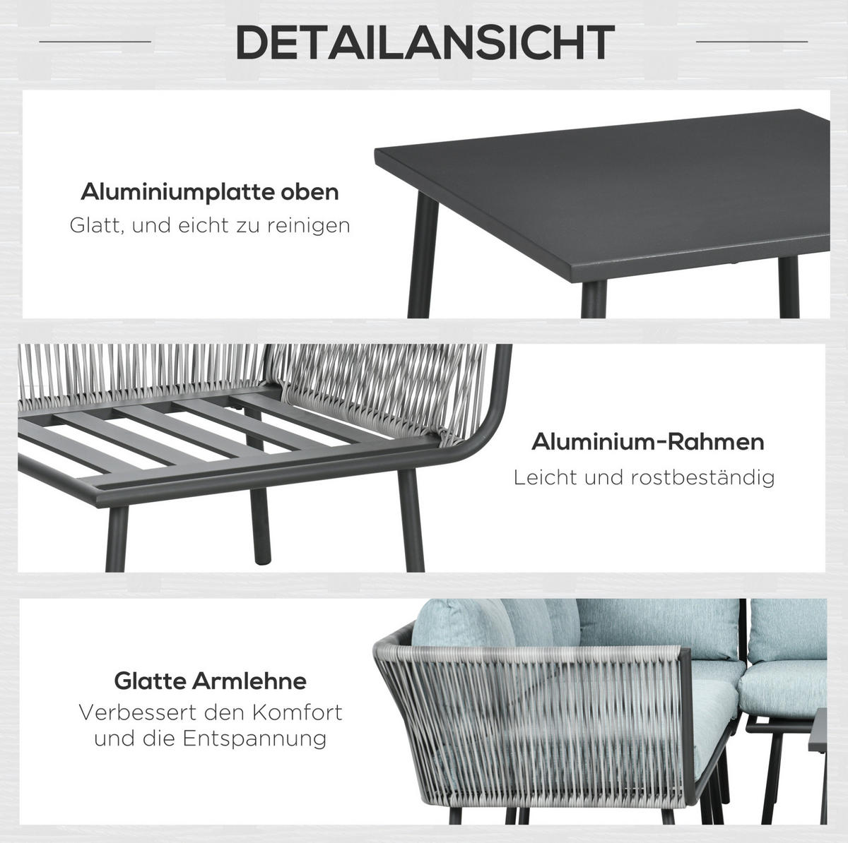 GARTENMÖBEL-SET aus Aluminium 120x71x65 cm Grau mit Couchtisch, modularer Stellweise und waschbaren Kissen - Grau, Metall - Modfu