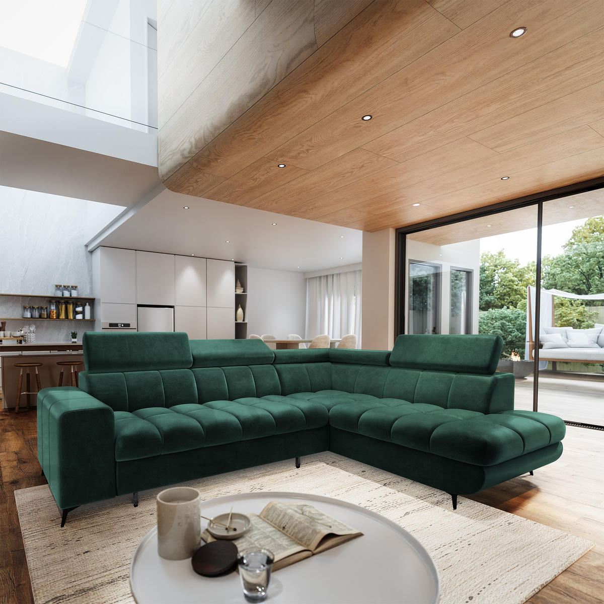 ECKSOFA MORIVA R-S Grün Velours-Stoff mit Schlaffunktion - Grün, Holz (253/190cm) - MASSENO