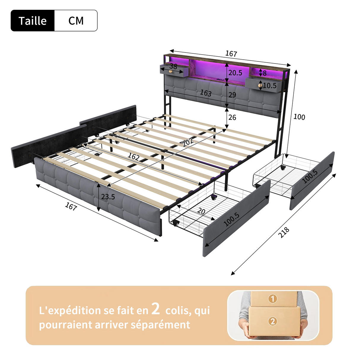 POLSTERBETT 160x200 cm mit 4 Schubladen, Polsterbettgestell aus Samt, Kopfteil mit RGB-LED-Beleuchtung, 2 Schubladen und USB/Typ-C-Anschlüsse - Grey - Grau, Holzwerkstoff (160/200cm) - Brevoria
