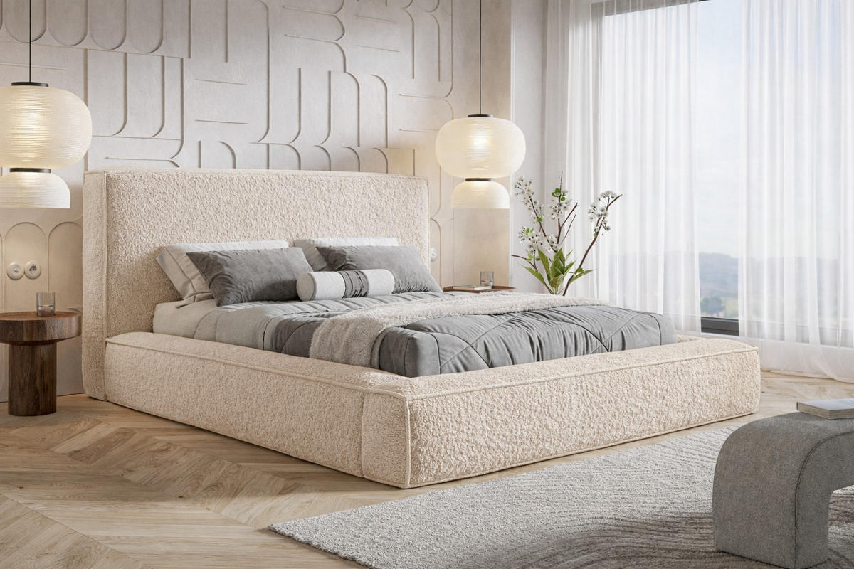 POLSTERBETT Boucle 180x200 Karano, Dicker Schaum, Bettkasten, Beige - Beige, Holz/Textil (180/200cm) - Emporius