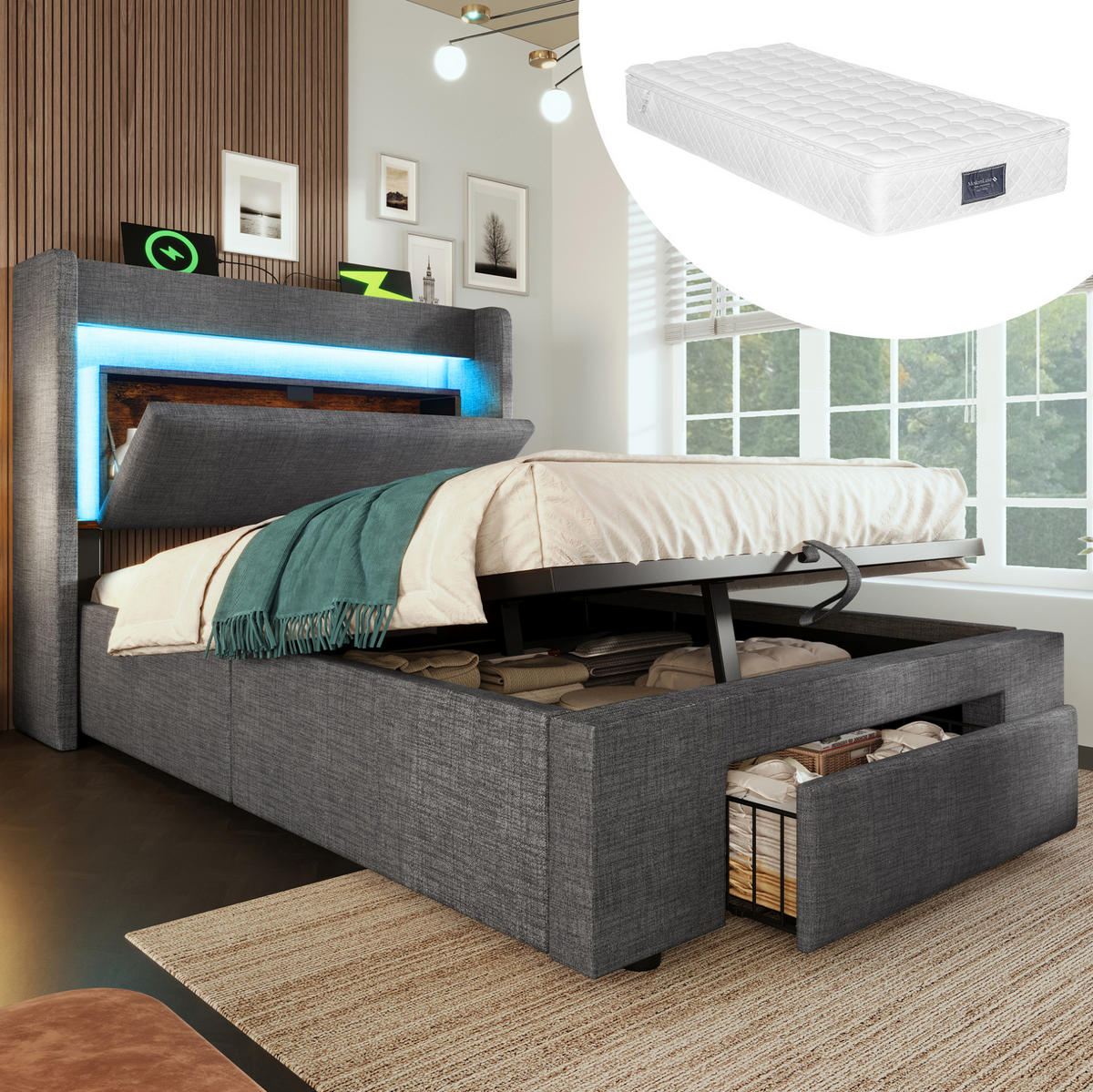 POLSTERBETT 90/200 cm Grau aus Leinen mit Matratze - Grau, Textil (90/200cm) - OKMYHOME