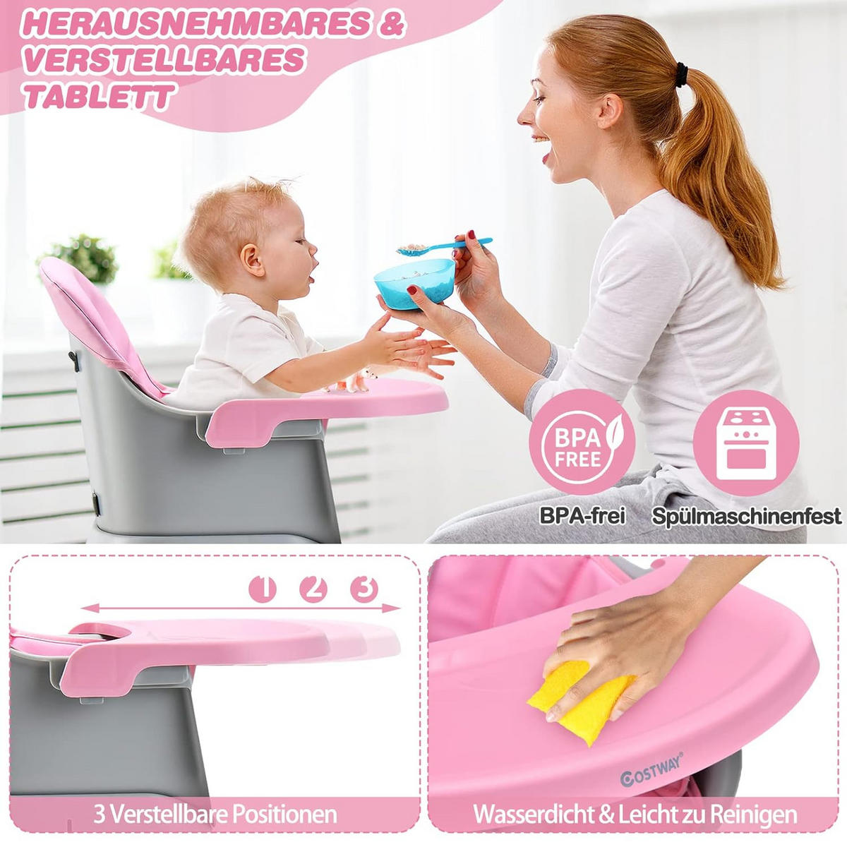 BABYHOCHSTUHL Pink - Pink, Kunststoff (58/98/58cm) - COSTWAY