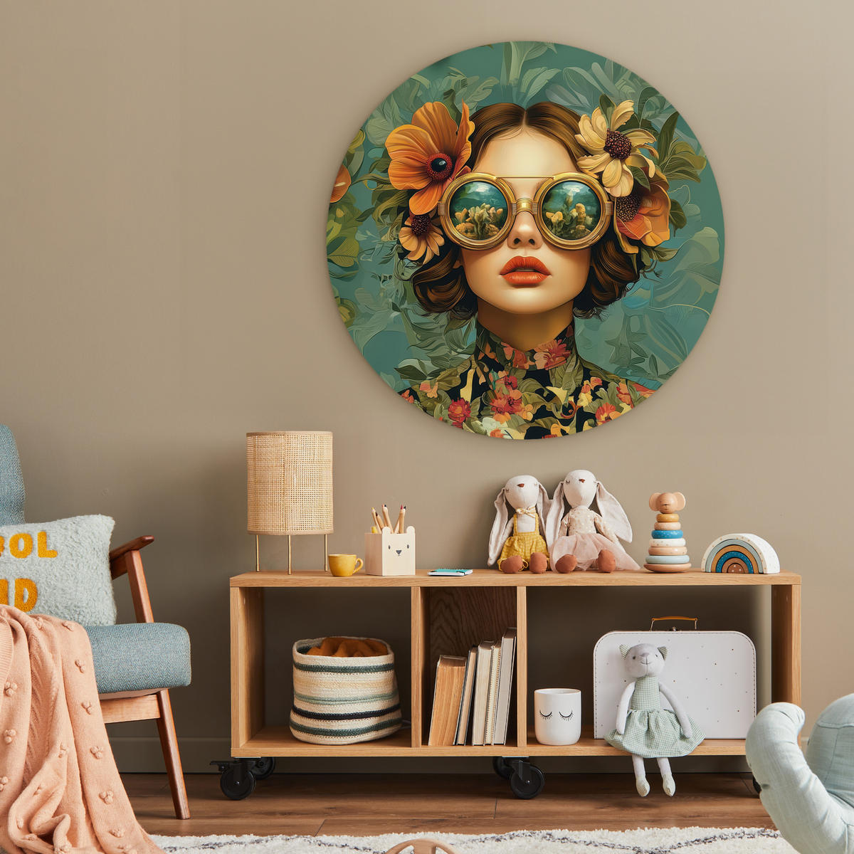 WANDBILD Frau - Blumen - Schmetterlinge - Natur - Vintage 90x90 cm - Petrol, Kunststoff (90/90cm) - MuchoWow