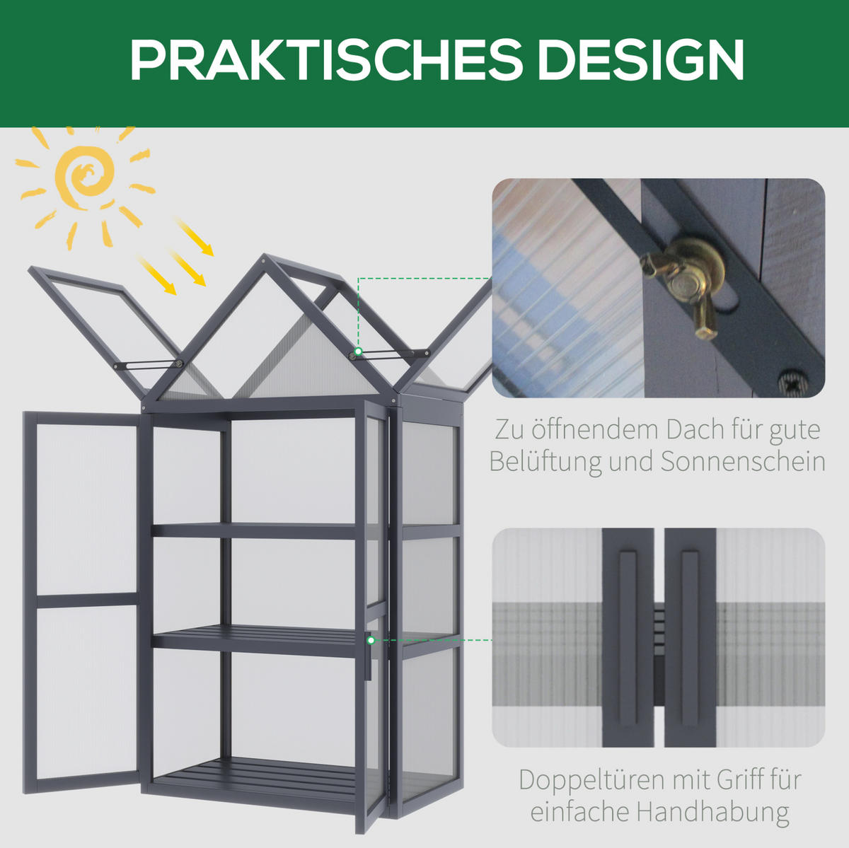 GEWÄCHSHAUS aus Holz 70,5x42x132 cm in Grau mit 3 Regalböden - Grau, Holz (42/132/70.5cm) - Modfu
