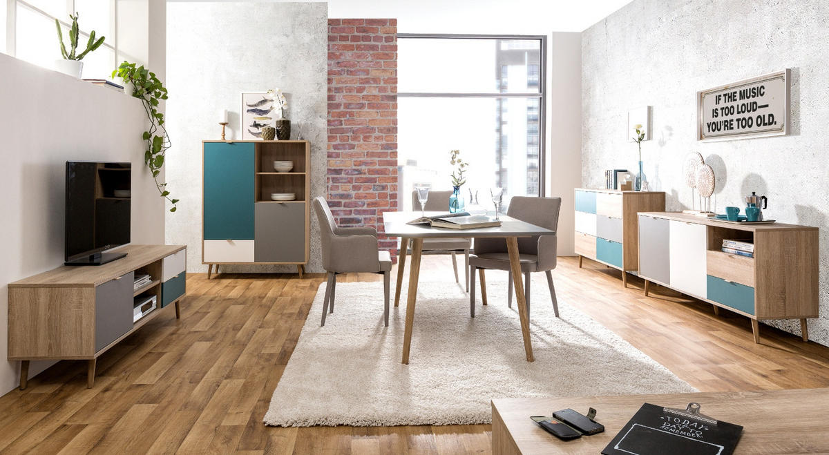 SIDEBOARD Eiche Sonoma, Petrol, weiß, grau 150 cm, Kommode Tricolor skandinavisch - Eichefarben/Petrol, Holz/Holzwerkstoff (150/71/40cm) - Furn.Design