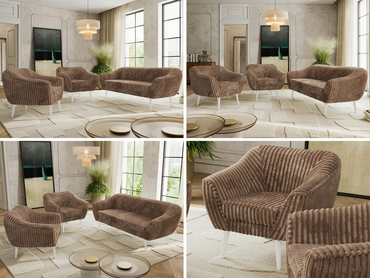SEDACÍ SOUPRAVA 3+1+1 PIRS - Hnědá Manšestr - Bílé nohy - bílá/hnědá, kompozitní dřevo/textil (180/75/74cm) - MKS