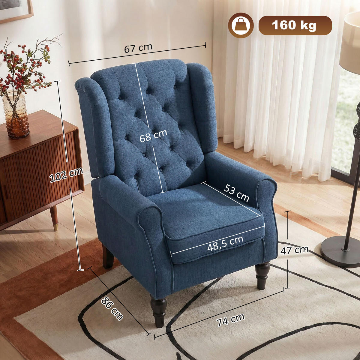 OHRENSESSEL DE-06469 dick gepolstert, abnehmbarer Bezug Blau - Blau, Holz/Textil (86/102/74cm) - ComfortXL