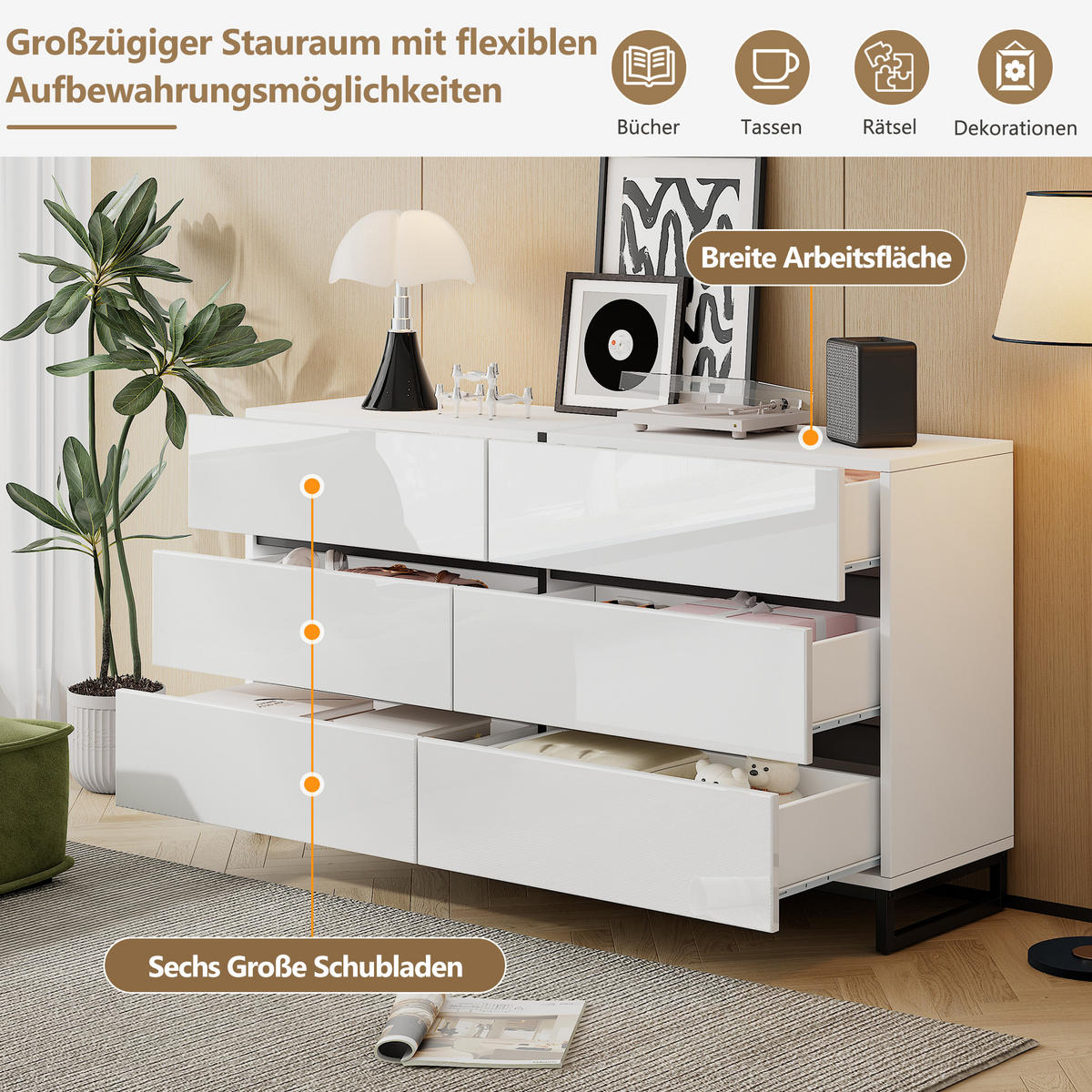 SIDEBOARD, 6 Schubladen, Hochglanz, Weiß/Schwarz, 140x39.5x78.5cm - Weiß, Holzwerkstoff (39.5/78.5/140cm) - FLIEKS