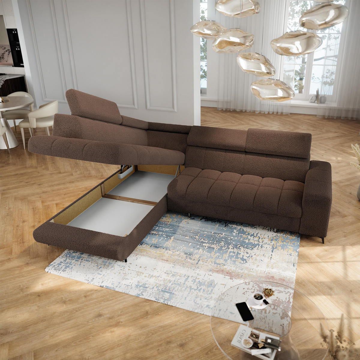 ECKSOFA MORIVA Q L-S Braun Boucle-Stoff mit Schlaffunktion - Braun, Holzwerkstoff/Textil (253/190cm) - MASSENO