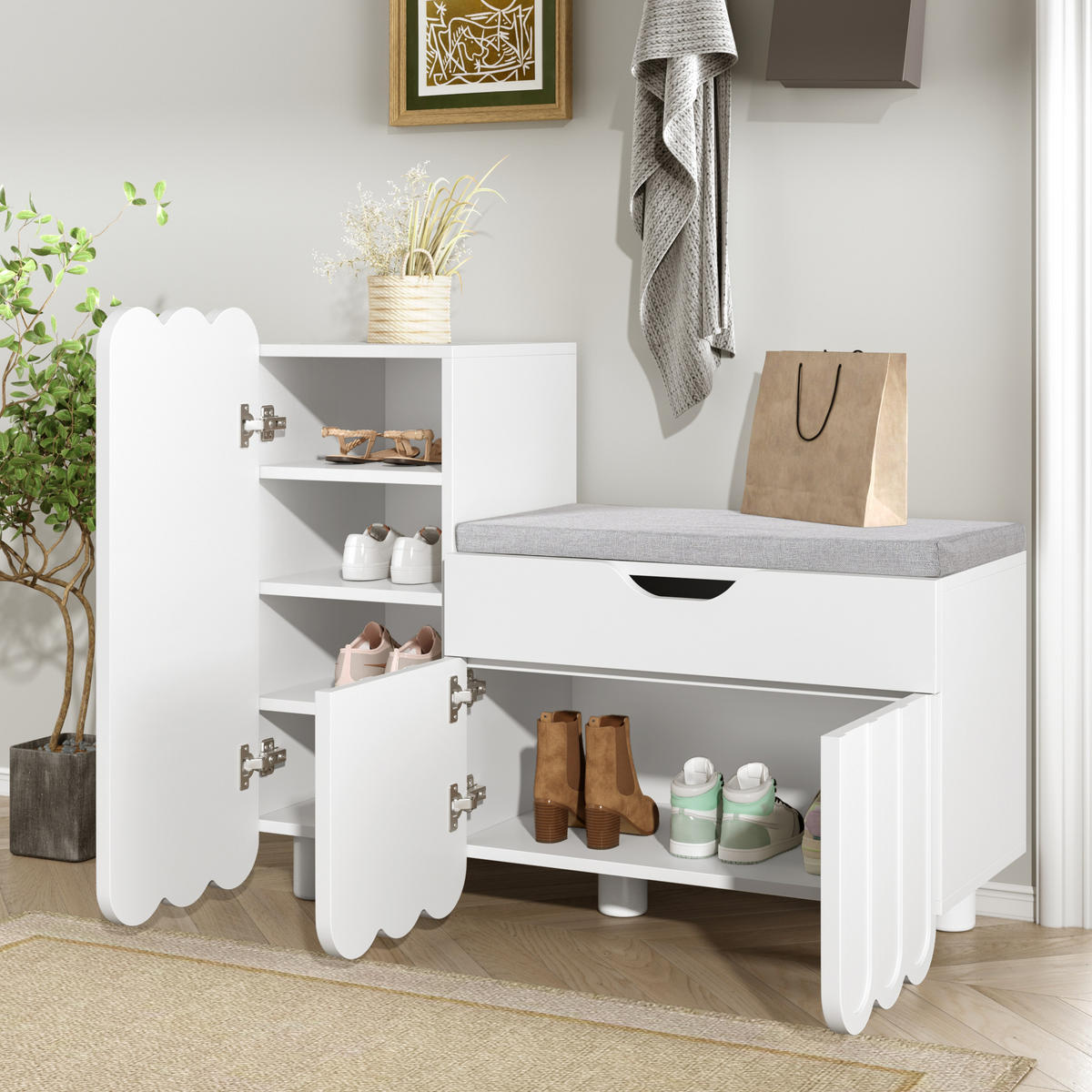 SCHUHSCHRANK 3 Türen Schublade Sitzpolster Weiß Platzsparend - Weiß, Holzwerkstoff (35/74.5/90cm) - FLIEKS