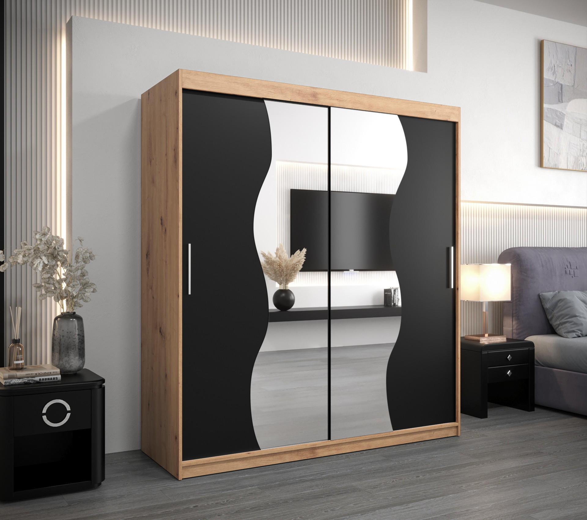 SCHWEBETÜRENSCHRANK 200/180/62 2-türig - Silberfarben/Schwarz, Holz/Kunststoff (180/200/62cm) - Abiks Möbel