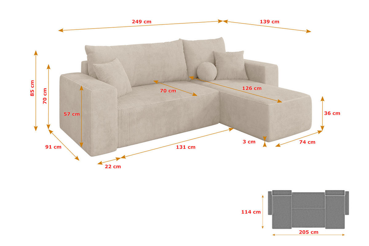ROHOVÁ SEDAČKA s funkcí spaní, otoman vpravo SENO-L 249x139x85 béžová manšestr - černá/béžová, kompozitní dřevo/textil (249/139cm) - ALTDECOR