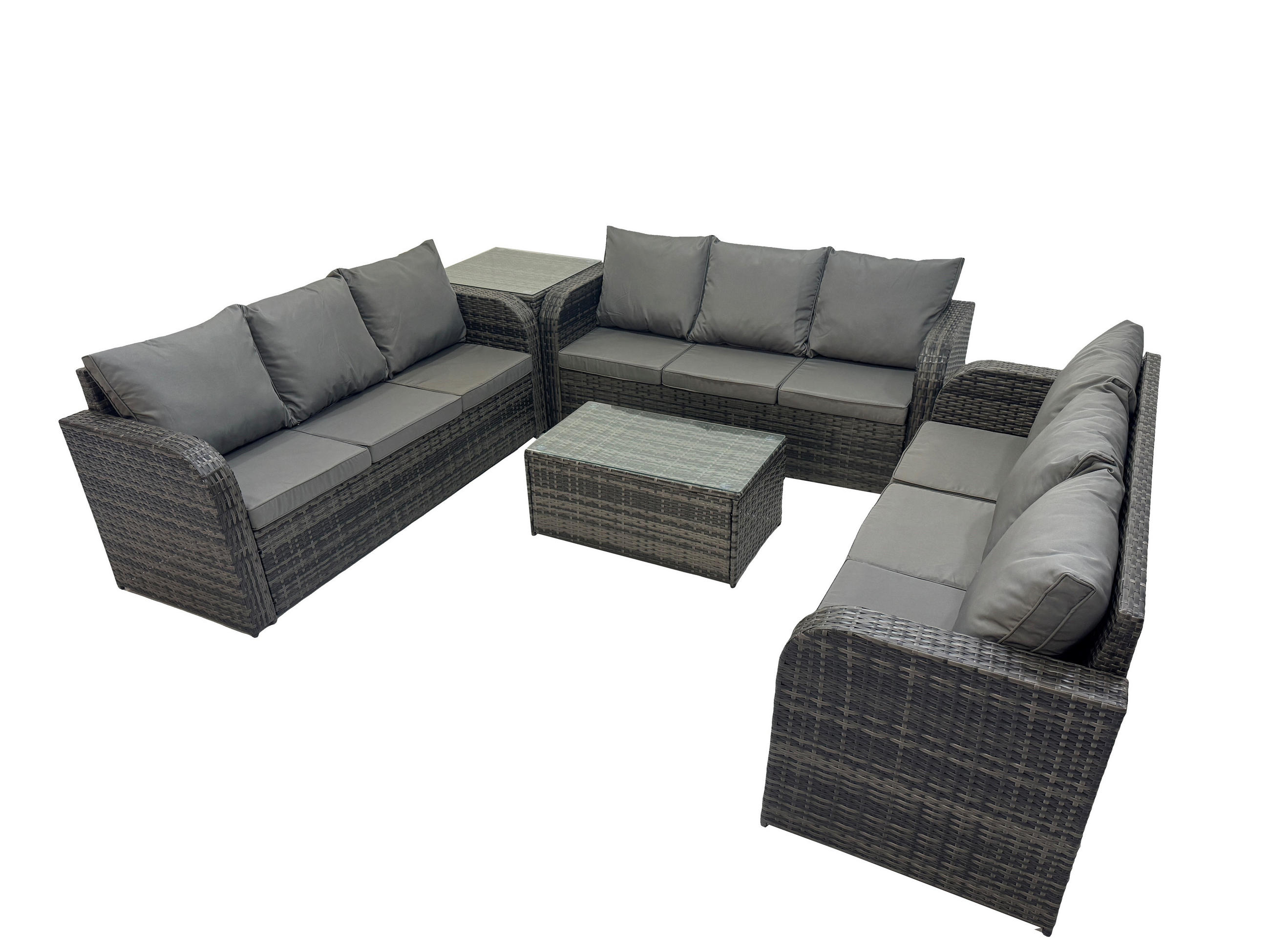 GARTENMÖBELGARNITUR mit KISSEN Polyrattan Dunkelgrau 9-Sitzer - Dunkelgrau/Grau, Glas/Kunststoff - Fimous