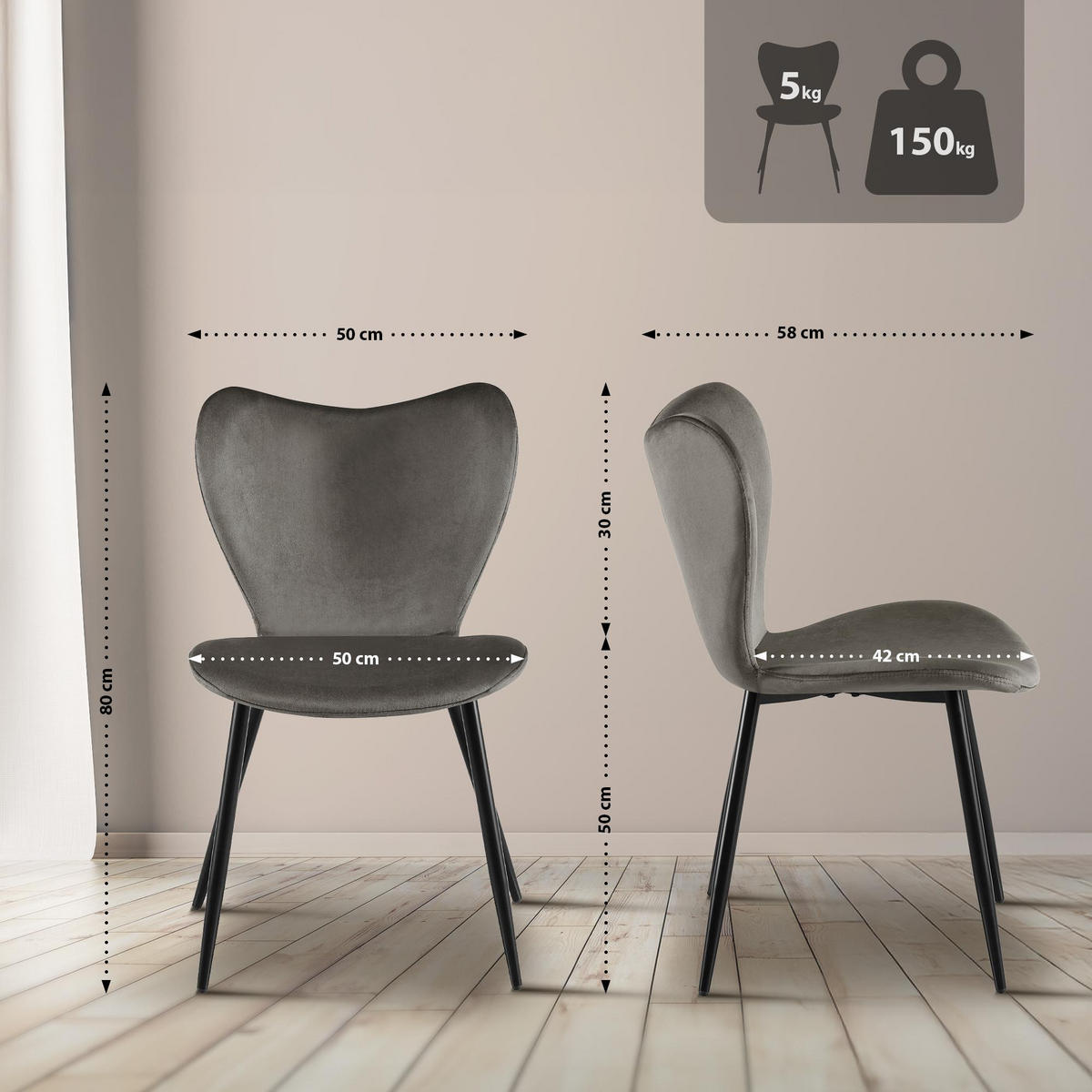 ESSZIMMERSTUHL Samt Anthrazit - Anthrazit/Schwarz, Textil/Metall (50/80/58cm) - CLP