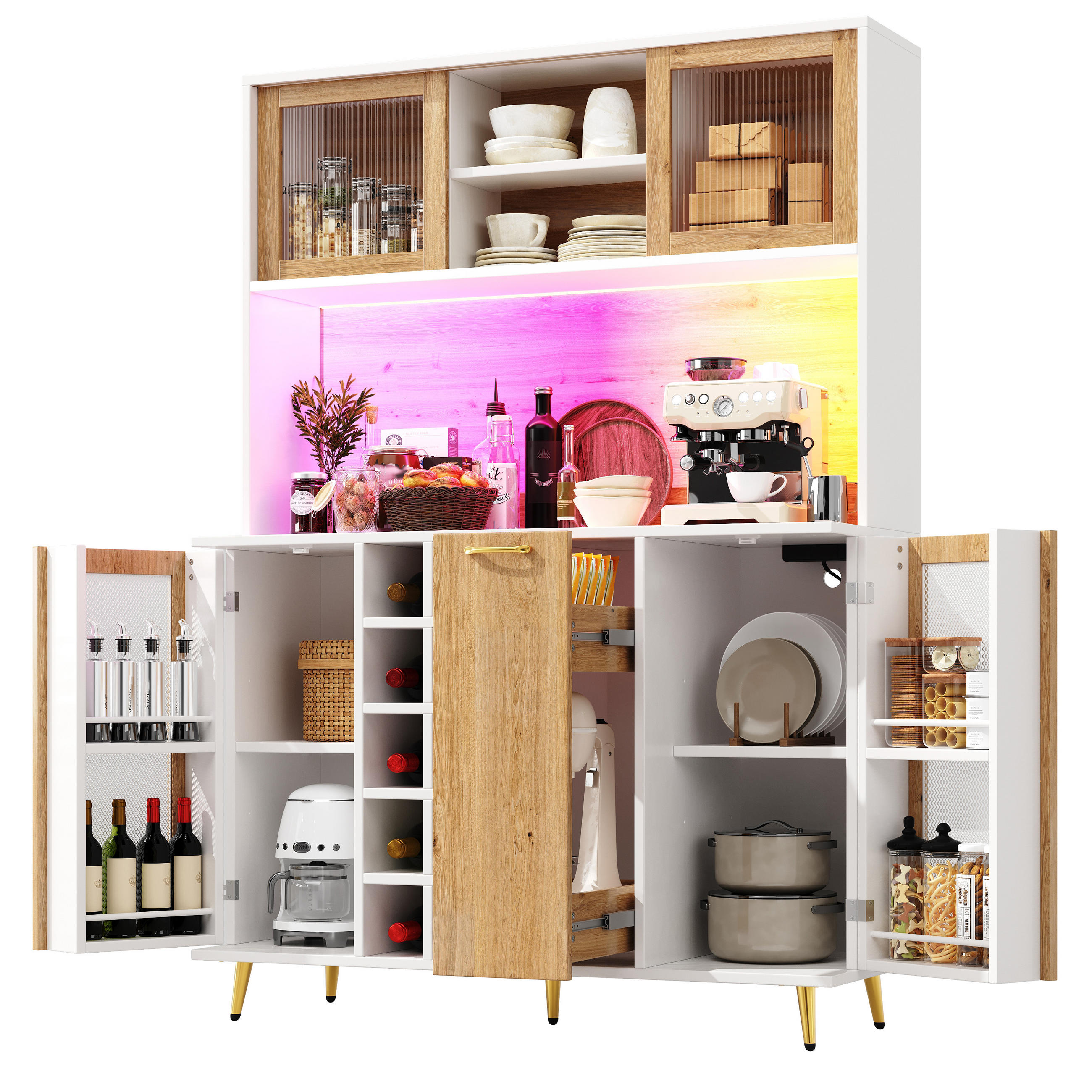 BUFFETSCHRANK 120/40/170 cm Weiß/Holzdekor aus MDF mit LED und Steckdose - Weiß, Holzwerkstoff (120/170/40cm) - OKWISH