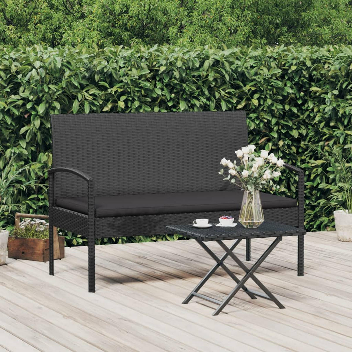 GARTENBANK mit Kissen Schwarz 105 cm Poly Rattan - Schwarz, Kunststoff (58/74/105cm) - furnicato