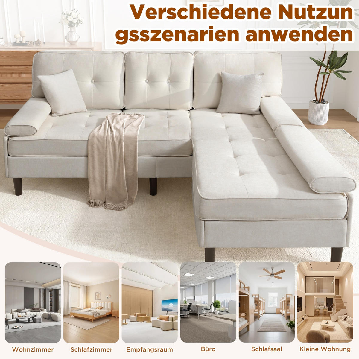 ECKSOFA aus Chenille 195x149x86 cm in Hellbeige mit beweglicher Fußbank - Beige, Textil (149/86/195cm) - Modfu