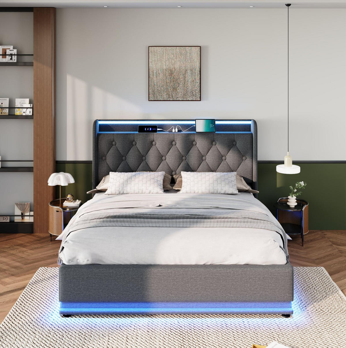 BETT mit Stauraum, LED und Matratze 160x200 cm Leinen Grau - Grau, Metall (160/200cm) - Meubliv